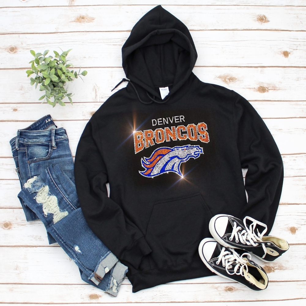 New Denver Broncos Rhinestone Hoodie  Sizes Small thru XL